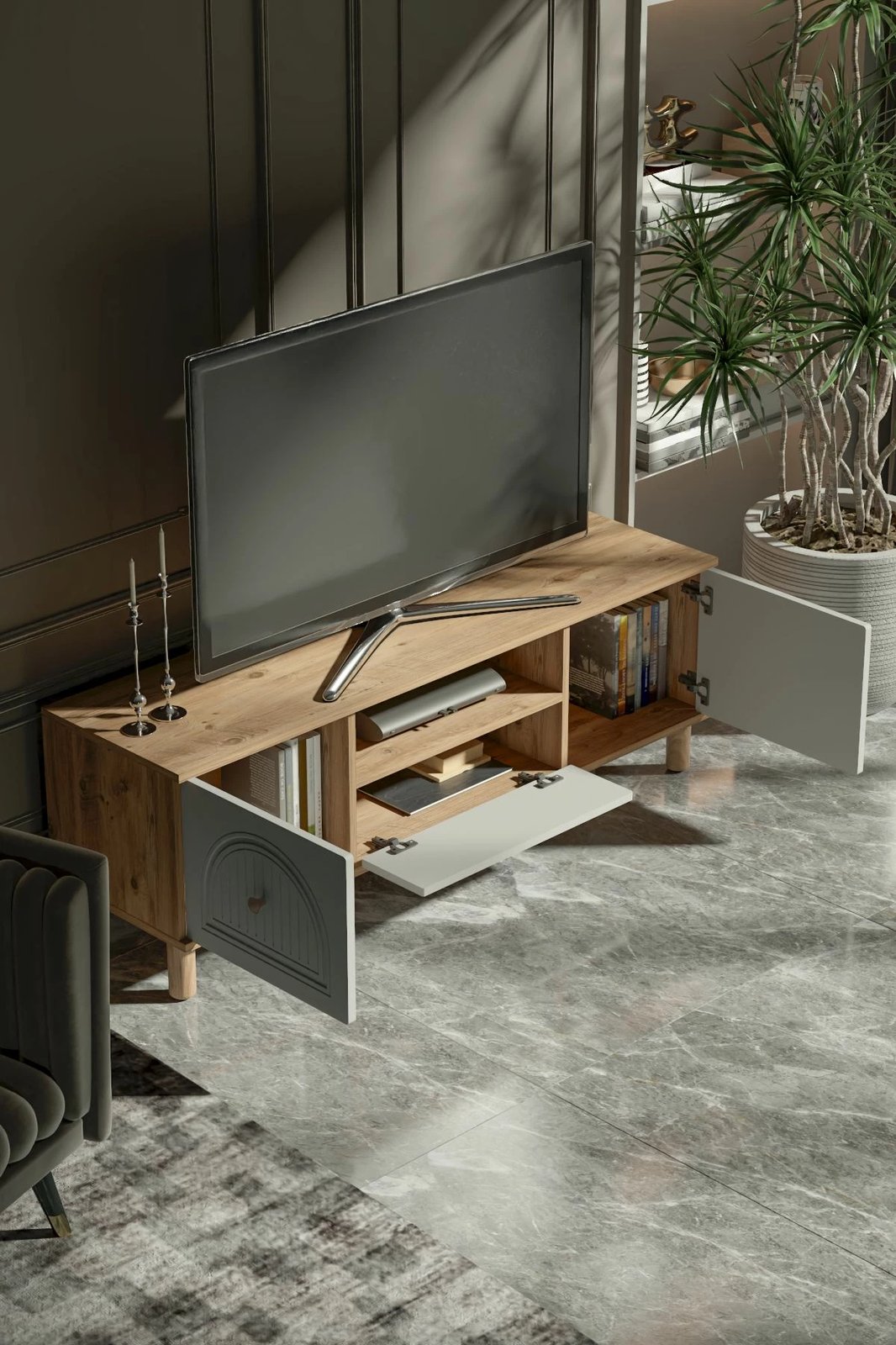 Komodë TV Skye Decor, Arcera 150, ngjyrë Atlantic Pine dhe e bardhë