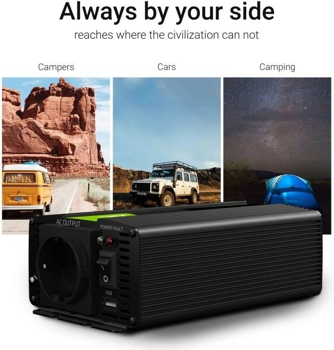 Invertor energjie Green Cell INV08, 12V në 230V, 1000W/2000W, i zi