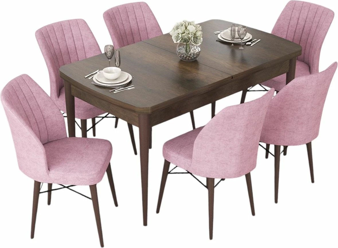 Set tavoline me karrige për ngrënie, zgjatues, 7 copë, Skye Decor, Barok, rozë