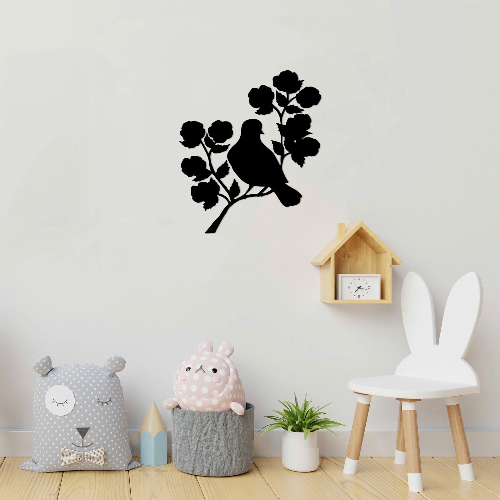 Aksesor dekorativ muri prej metali, trëndafil dhe zog, Wallity, 61x70cm