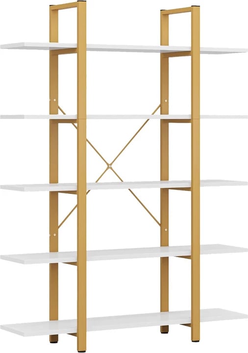 Raft librash Esthon, përfundim mermeri të bardhë, metal i artë, 120x28x180cm