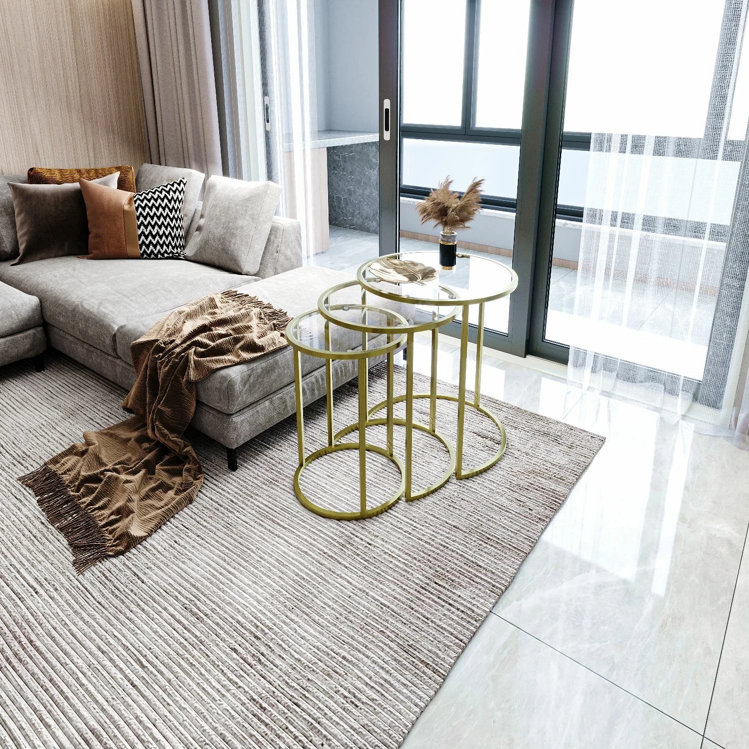 Set tavolinash të vogla, 3 copë, Hanah Home Alya, ngjyrë ari, xham transparent