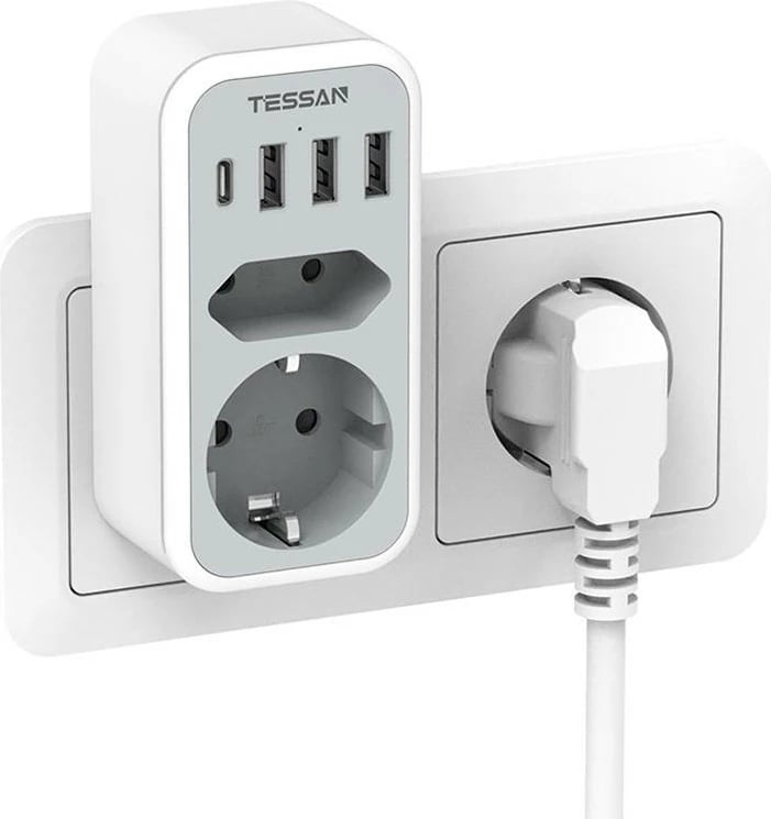 Prizë murale Tessan TS-328-DE me 2 dalje, 3 USB-A, 1 USB-C, e bardhë
