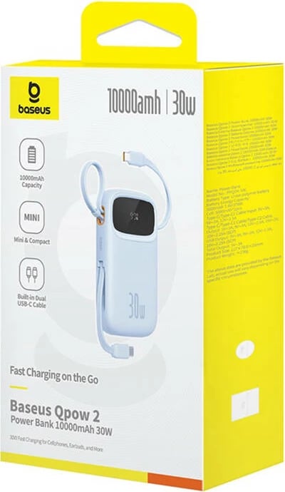 Powerbank Baseus QPow 2, 10000mAh, 30W, 2xUSB-C, kaltër