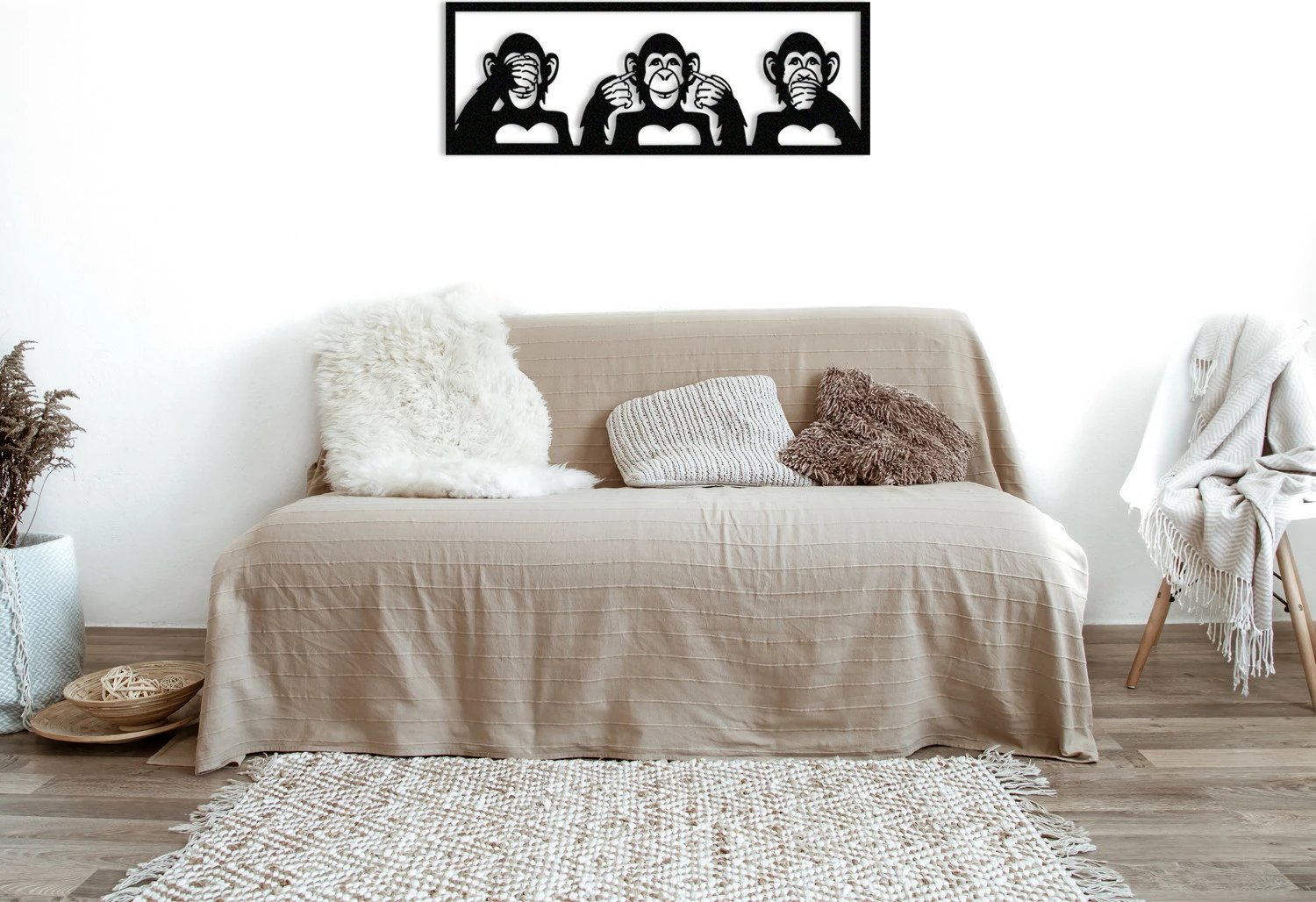 Aksesor dekorativ metalik për mur, tre majmunë, Wallity, i zi, 70x25cm