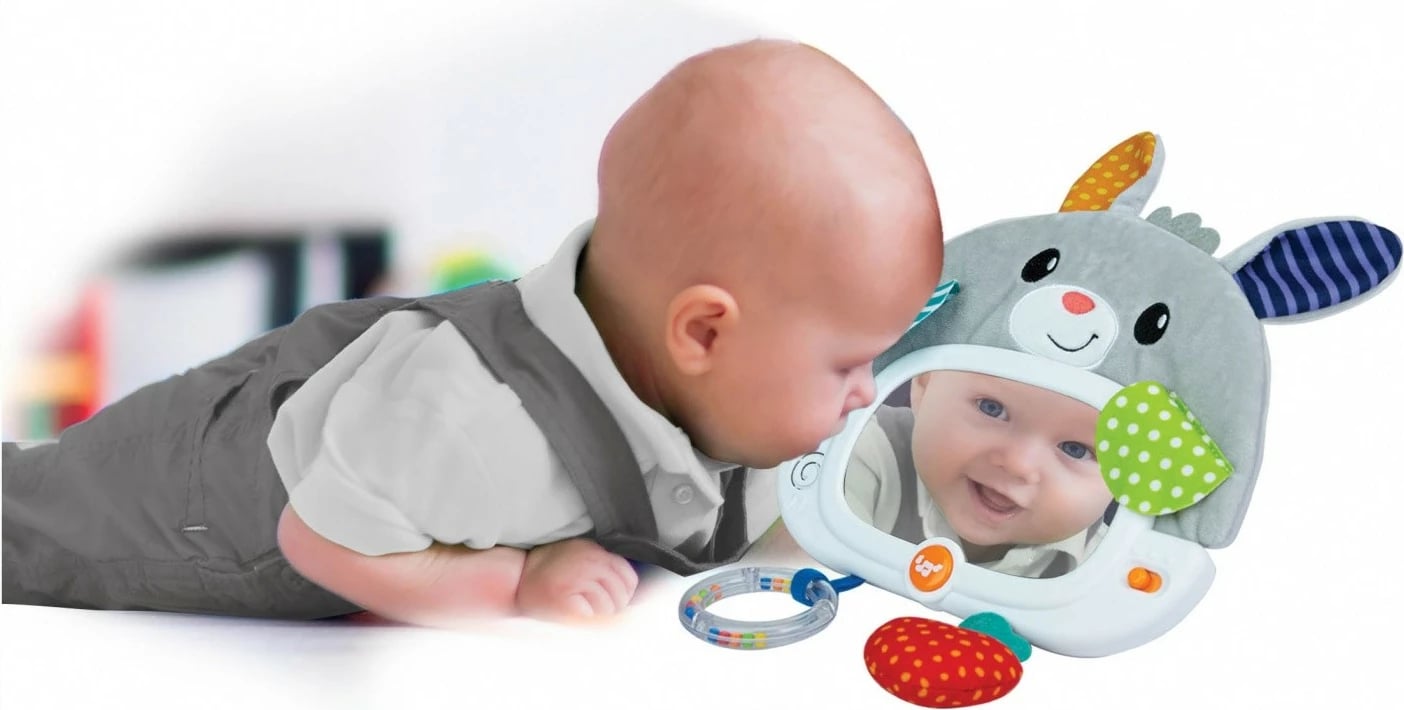 Lodër muzikore për krevat fëmijësh Smily Play Bunny me pasqyrë, gri/bardhë