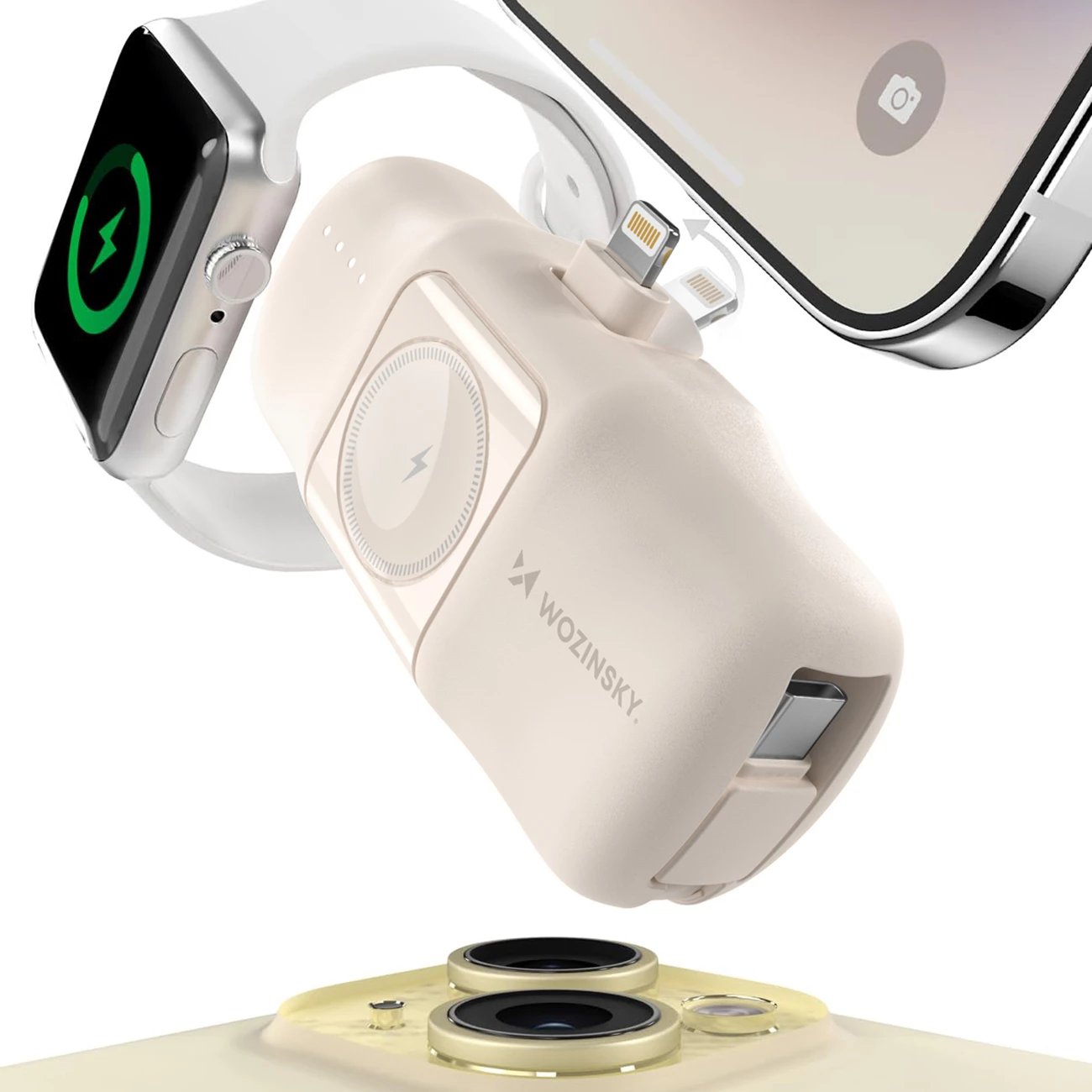 Powerbank Wozinsky WF16-YLS, 5000mAh, 15W, me kabllo USB-C të integruar dhe karikues për Apple Watch, Bezhe