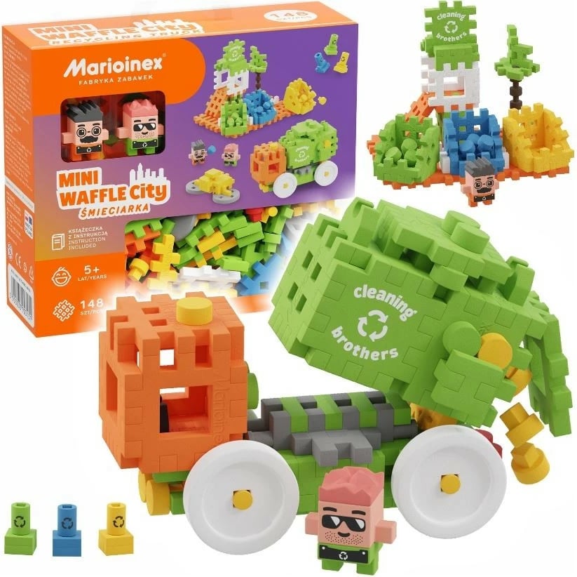 Set lodrash ndërtimi Marioinex Mini Waffle City Garbage Truck, 148 pjesë, me figurina