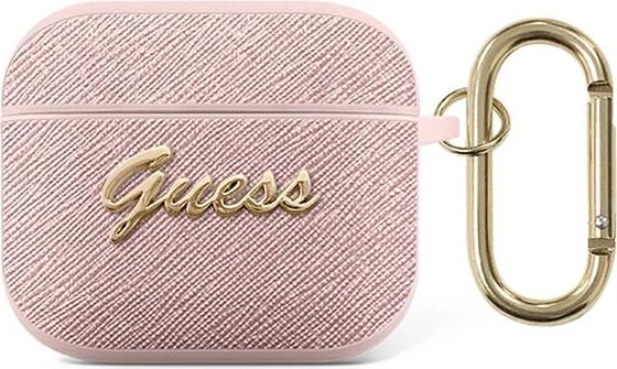Mbështjellës Guess Saffiano Script Metal për AirPods 3, Rozë
