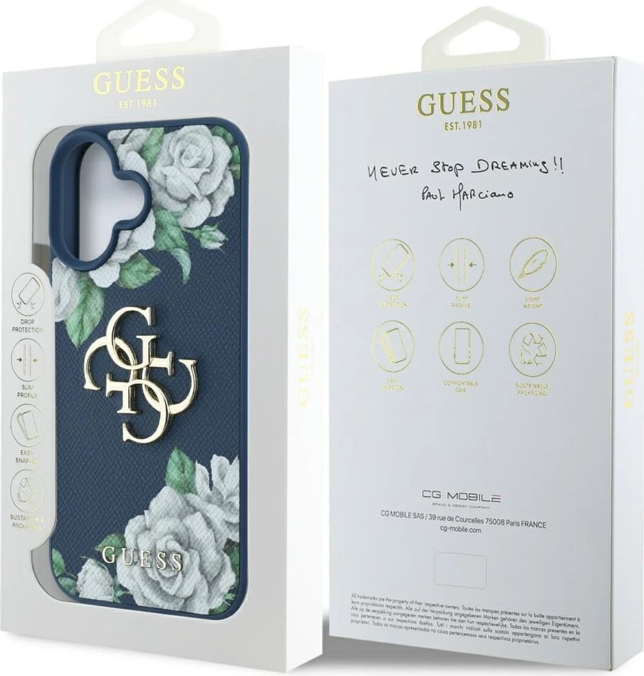 Mbështjellës Guess Grained Roses Big 4G logo për iPhone 16, Blu Mbështjellës Guess Grained Roses Big 4G logo për iPhone 16, Blu