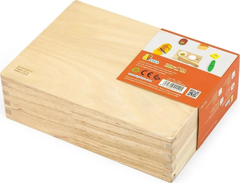 Set prerje mëngjesi prej druri, Viga, me dërrasë prerëse dhe thikë druri, elemente me Velcro, për 18+ muaj, Multicolor