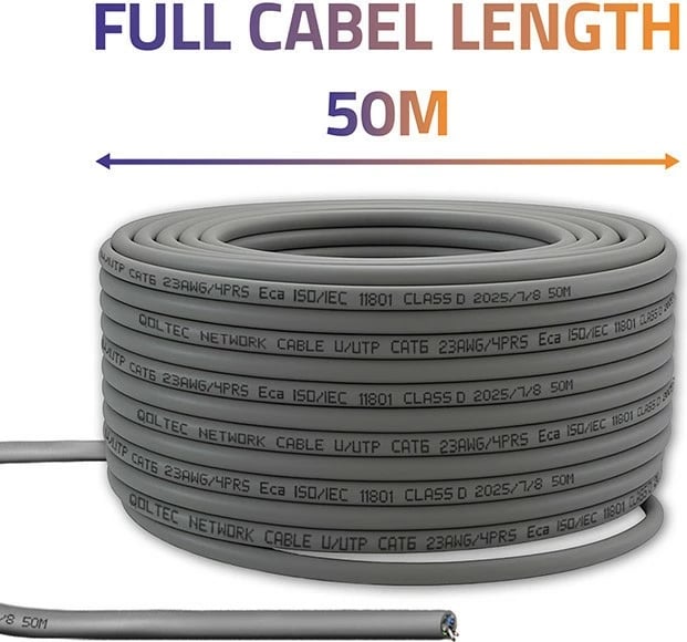 kabllo rrjeti U/UTP CAT6, Qoltec 54559, 50 m, bakër i plotë 23AWG 0.52 mm, deri 1 Gb/s 250 MHz, gri