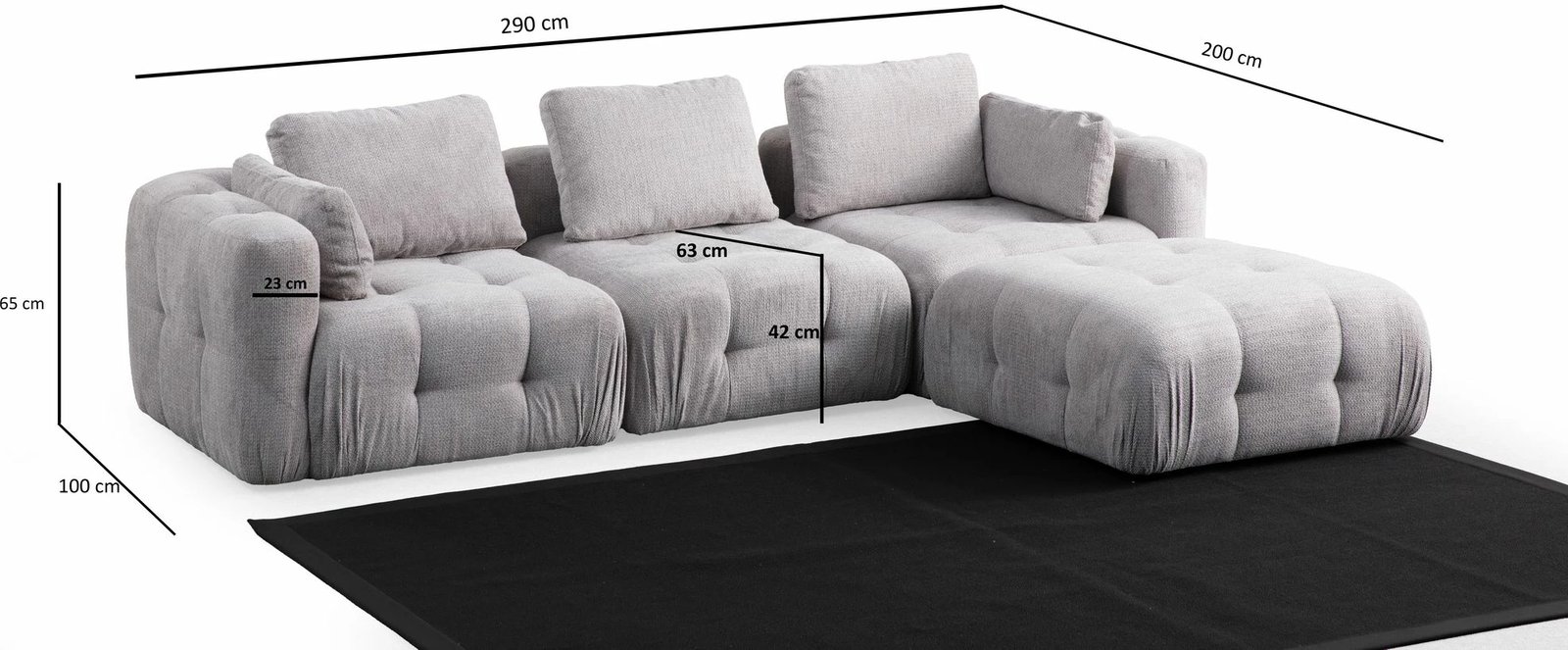 Këndare Amaris, 3 vende me pouffe, ngjyrë gri e çelët