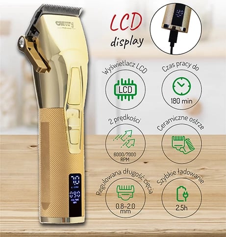Makinë qethëse, Camry, CR 2835, LCD, teh qeramik me veshje titaniumi, 2 shpejtësi 6000/7000 rpm, bateri 2000 mAh deri 180 min, USB-C, ari, set me 8 krehra