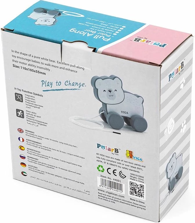 Lodër tërheqëse druri me litar, Viga, Polar Bear, 108x105x53 mm, gri