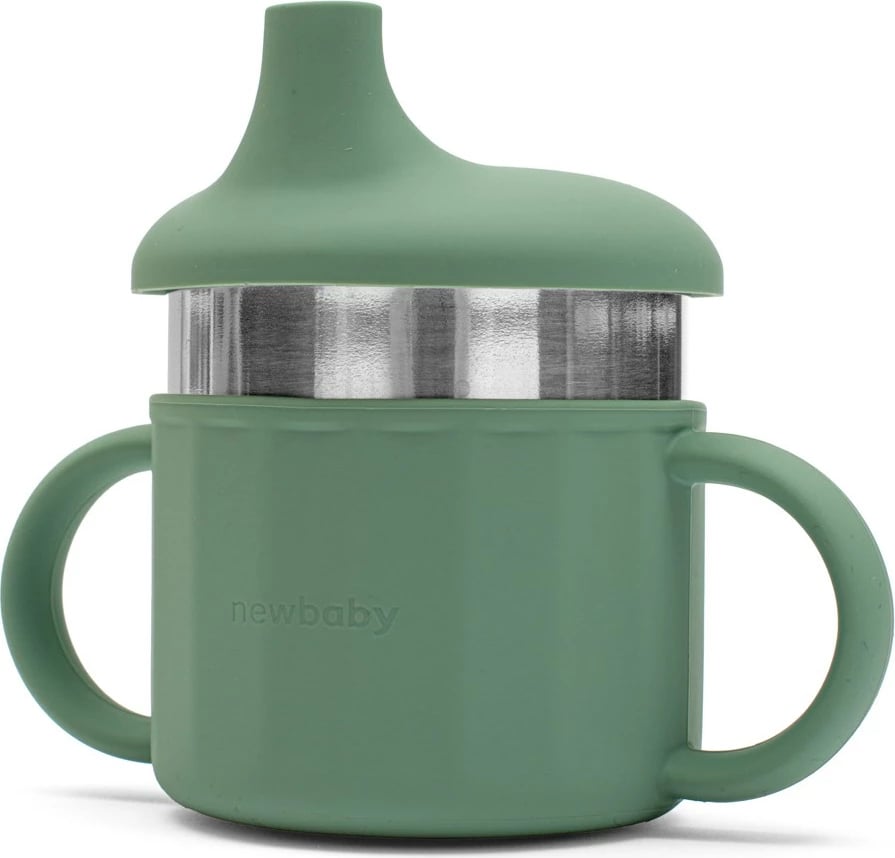 Gotë trajnimi 2‑në‑1, New Baby, 220 ml, silikon + çelik inoks, me pipë ose gojëzë, me doreza, jeshile