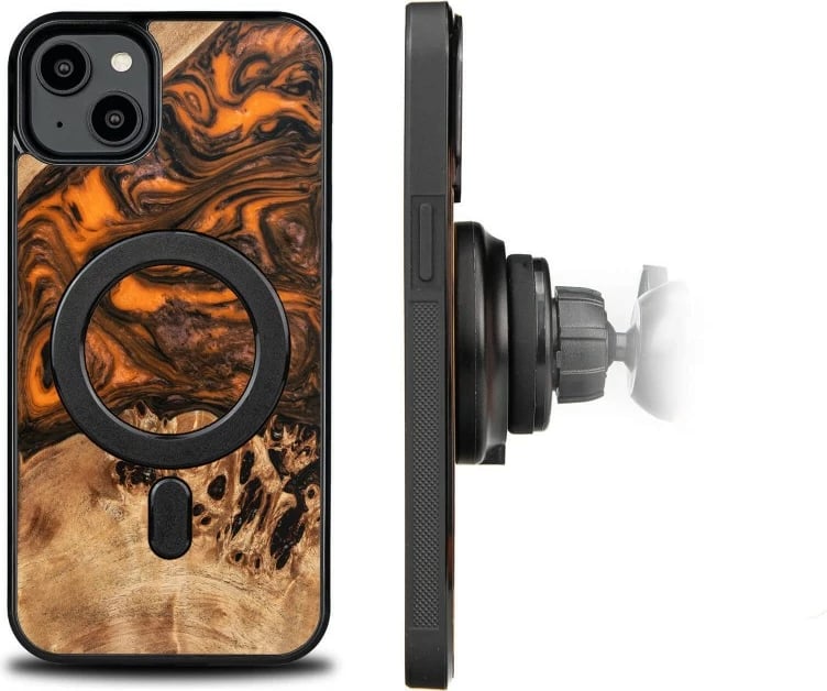 Mbështjellës Bewood Unique Orange për iPhone 15 Plus, dru dhe rrëshirë, MagSafe, portokalli dhe zi