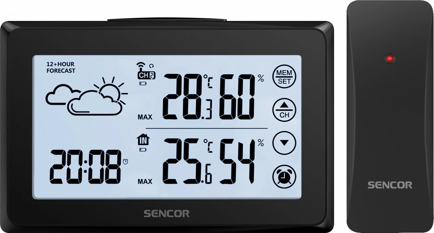 Stacion moti Sencor SWS 2850 me ekran me prekje, orë alarmi, 1 sensor i jashtëm, Zi