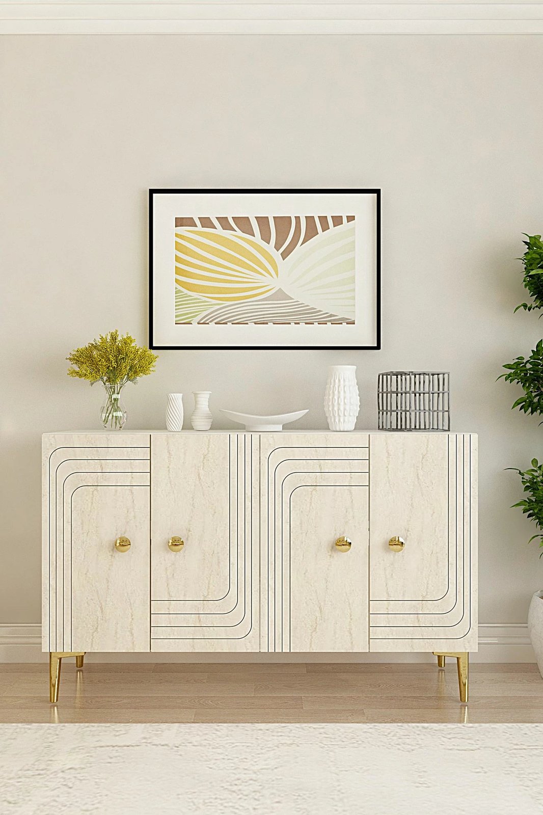 Konsolë Skye Decor Lessi 120, e bardhë, travertin, ar