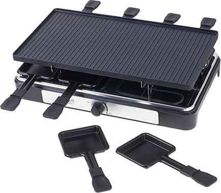Grill elektrik raclette, Adler AD 6616, 1400W, pjatë 42x23cm, dyanshe jo-ngjitëse, 8 tiganë + 8 shpatulla druri, e zezë