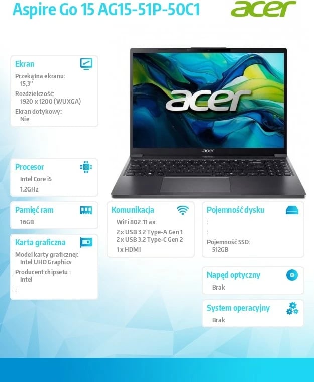 Kompjuter portativ Acer Aspire Go 15 AG15-51P-50C1, Intel Core i5-1334U, 16GB RAM, 512GB SSD, 15.3", Zi