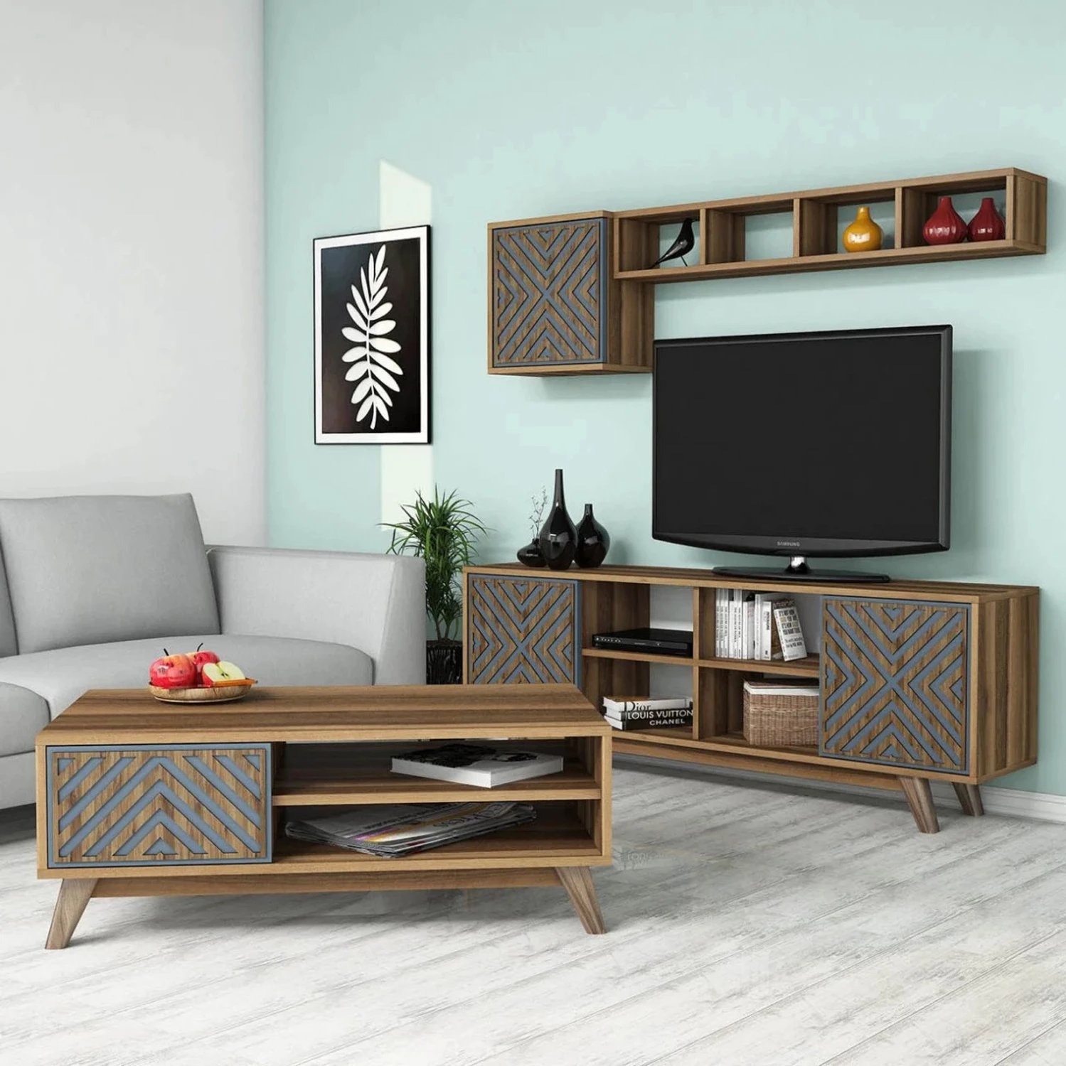 Kompozim dhome ndeje FH11853.02 2PCS melaminë në ngjyrë arre-blu
