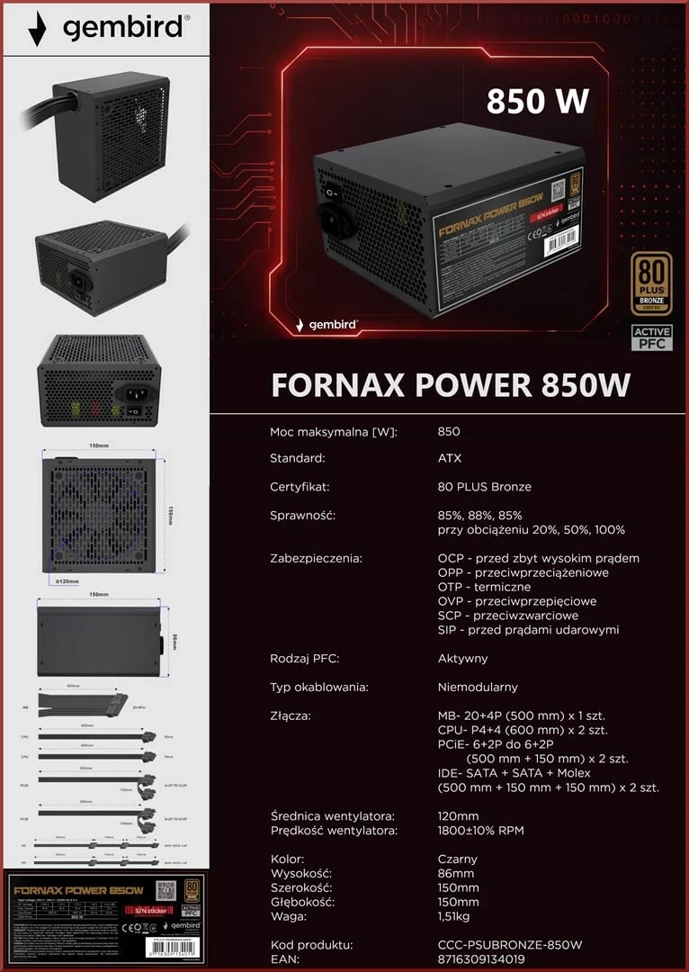 Kasë furnizimi Gembird Fornax Power CCC-PSUBRONZE-850W, 850W, 80 PLUS Bronze, e zezë