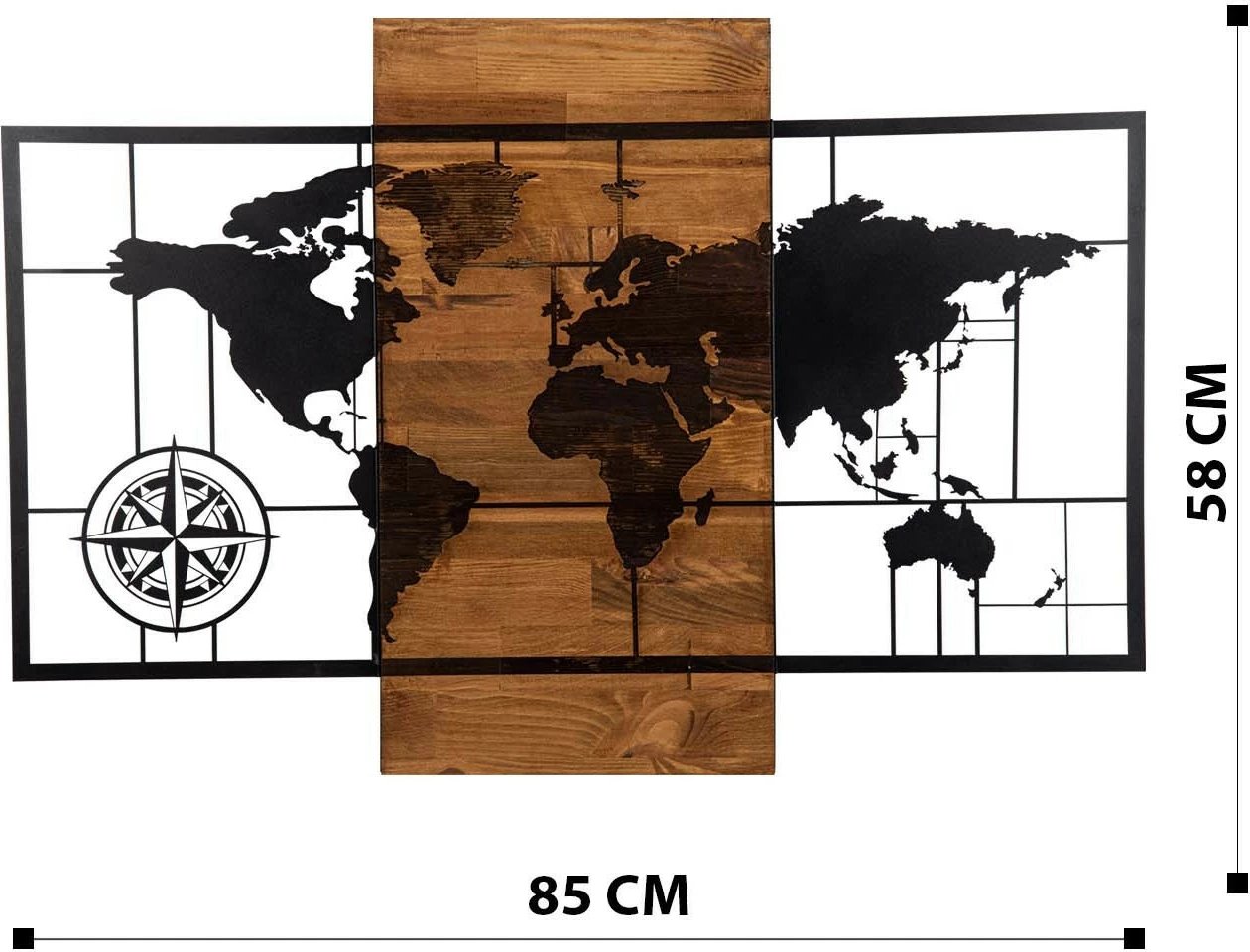 Aksesor dekorativ për mur, hartë bote me busull, ngjyrë e zezë dhe arre, 85x58cm