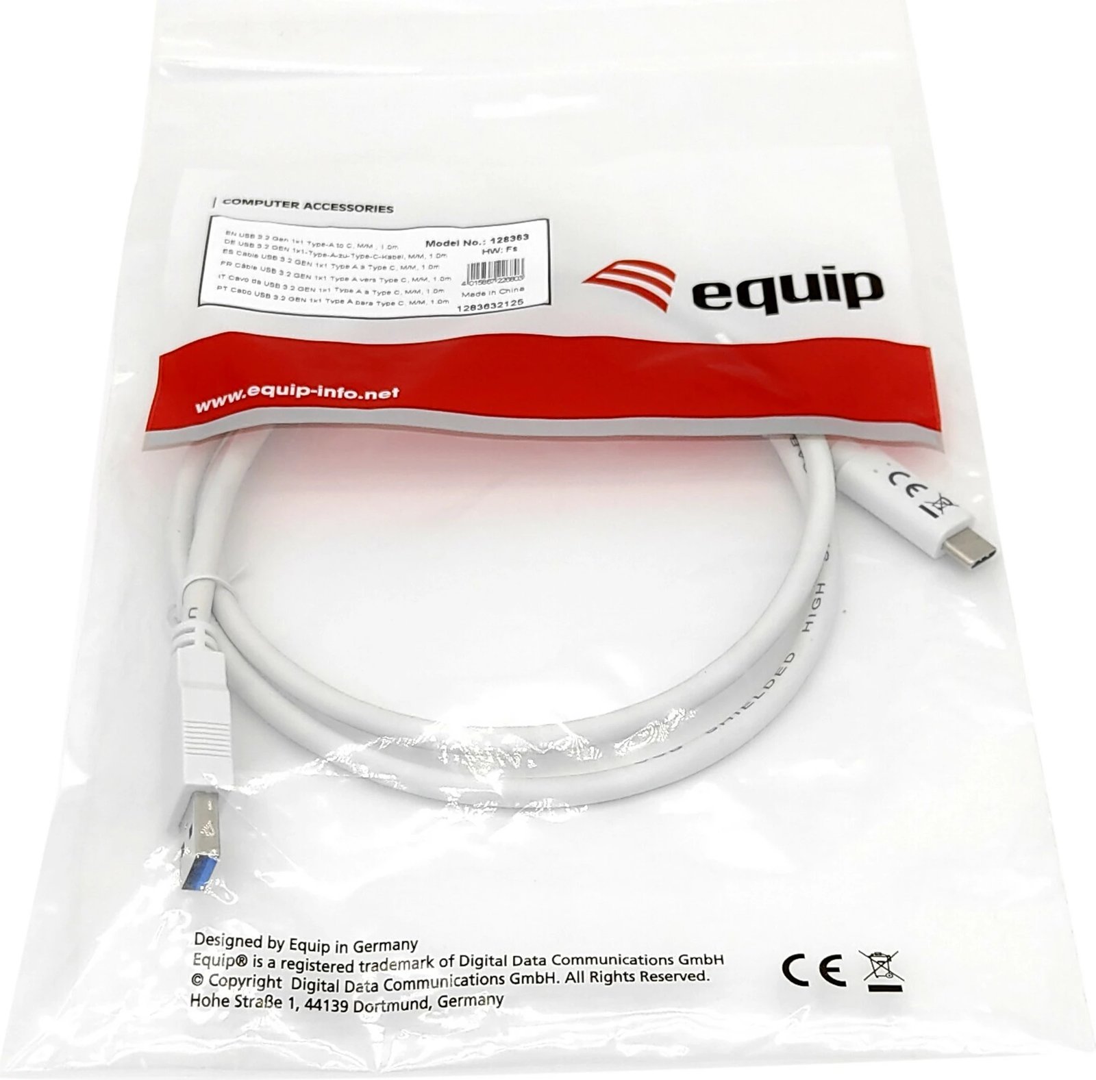 Kabëll USB Equip USB 3.2 Gen 1 Type-C në A, 1m, i bardhë