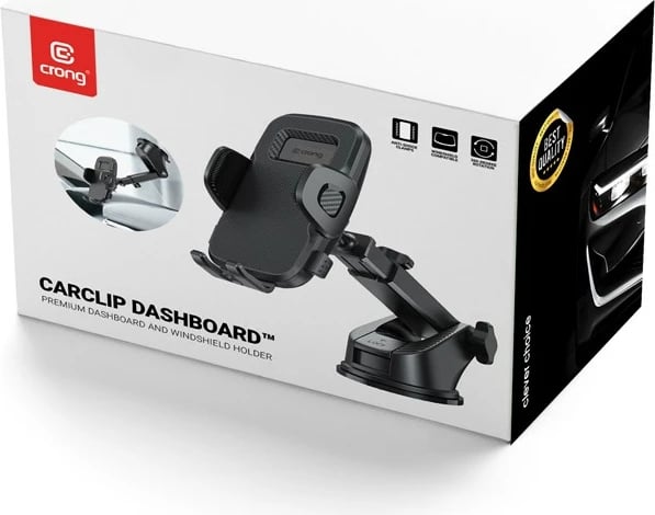 Mbajtës makine për celular, CRONG Carclip Dashboard CRGCH7BLK, universal 2‑në‑1 për xham dhe pult, krah teleskopik 81–141 mm, gjerësi 55–101 mm, rrotullim 360°, kupë thithëse e ripërdorshme, e zezë