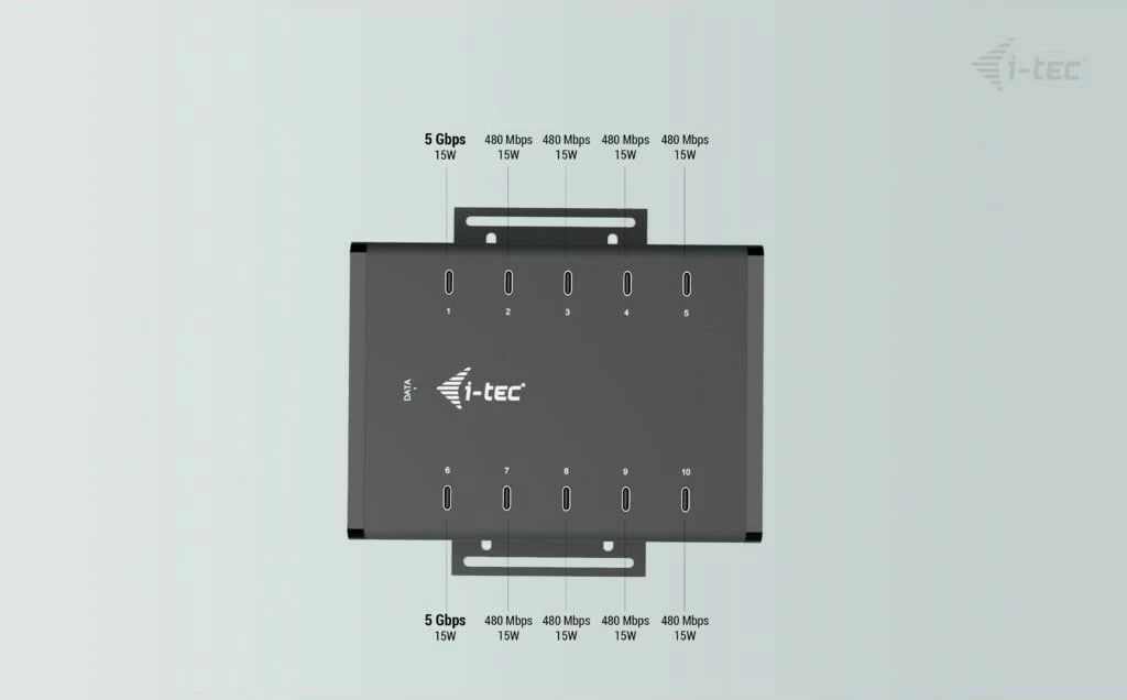 HUB USB-C I-Tec, 10 porta, 15W për portë, Plug & Play, i zi