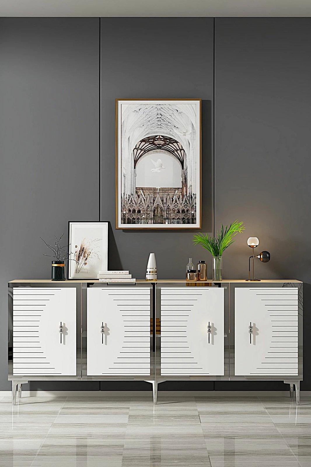 Konsol Skye Decor, Tuna 180, ngjyrë lis safir, e bardhë, argjend