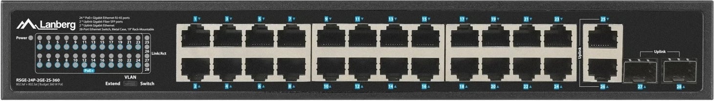 Switch Lanberg RSGE-24P-2GE-2S-360, 24x PoE+ Gigabit, 2x Gigabit, 2x SFP, rack 19", 360W
