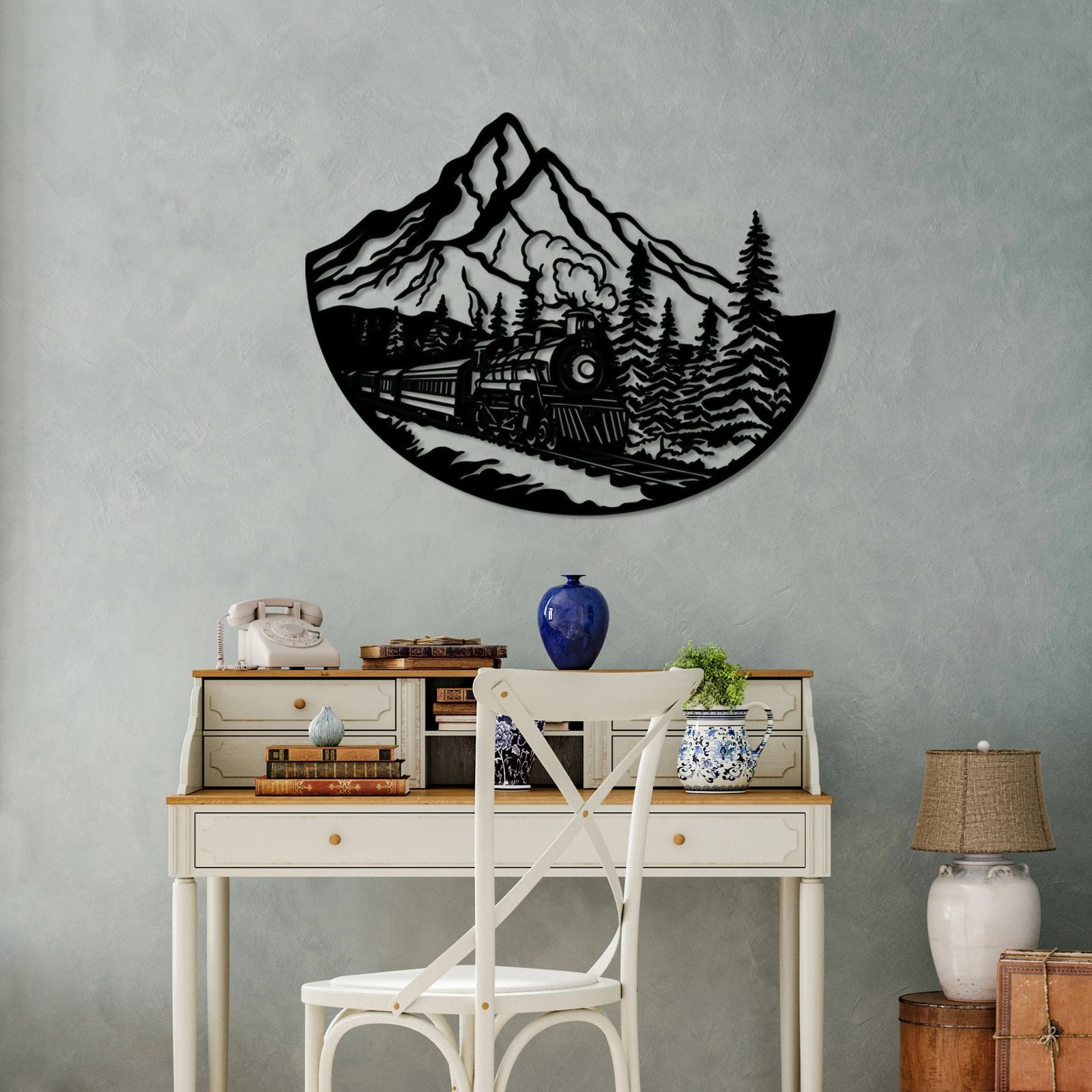 Aksesor dekorativ metalik për mur, tren, Wallity, ngjyrë e zezë, 55x73cm