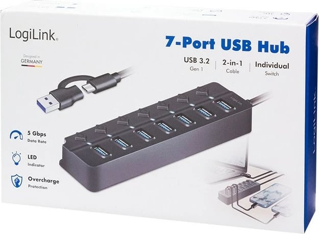 HUB USB LogiLink UA0420, 7x USB-A, 3.2 Gen1, me butona ON/OFF, i zi