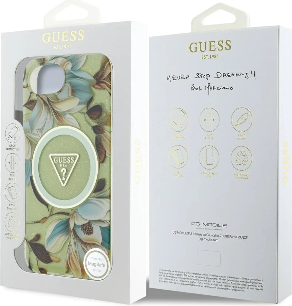 Mbështjellës Guess IML Metal Glitter Flowers Triangle MagSafe për iPhone 16e, Gjelbër Mbështjellës Guess IML Metal Glitter Flowers Triangle MagSafe për iPhone 16e, Gjelbër