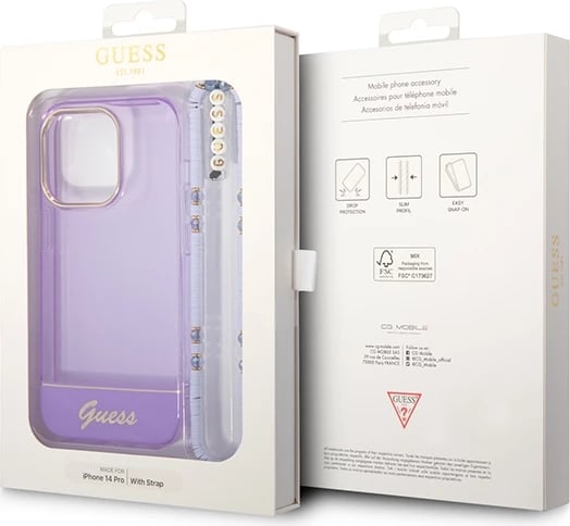 Mbështjellës Guess GUHCP14XHGCOHU për iPhone 14 Pro Max 6.7", Translucent Pearl Strap, vjollcë