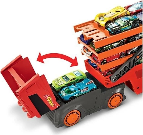 Kamion lodër Hot Wheels Mega Transporter Truck 50th Anniversary, plastikë, zi/portokalli/kuq