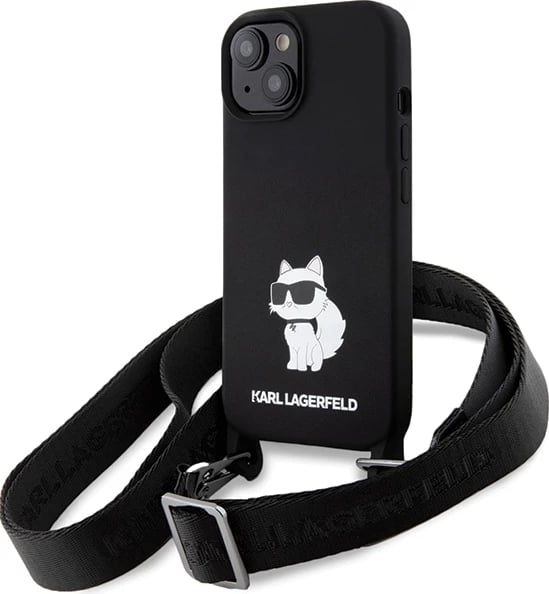 Mbështjellës Karl Lagerfeld Crossbody Silicone Choupette për iPhone 15 6.1", i zi me rrip