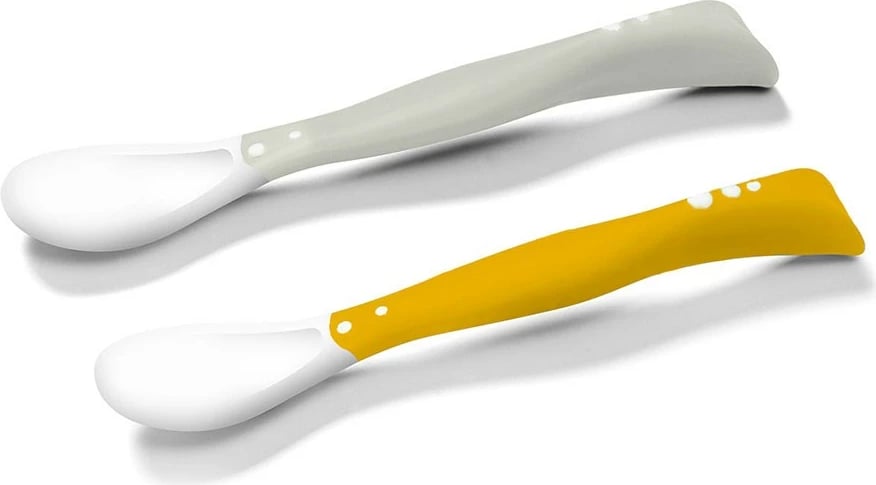 lugë bebe fleksibile me memorie forme, Baby Ono, 2 copë, 3m+, gri/verdhë