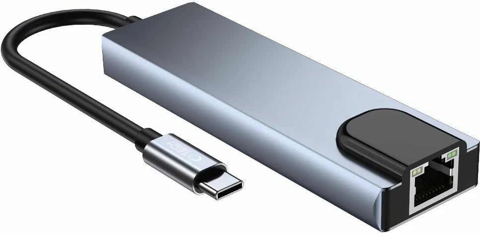 HUB Tech-Protect V3 5in1, USB-C, USB-A 3.0, USB-A 2.0, USB-C, HDMI, RJ45, Gri