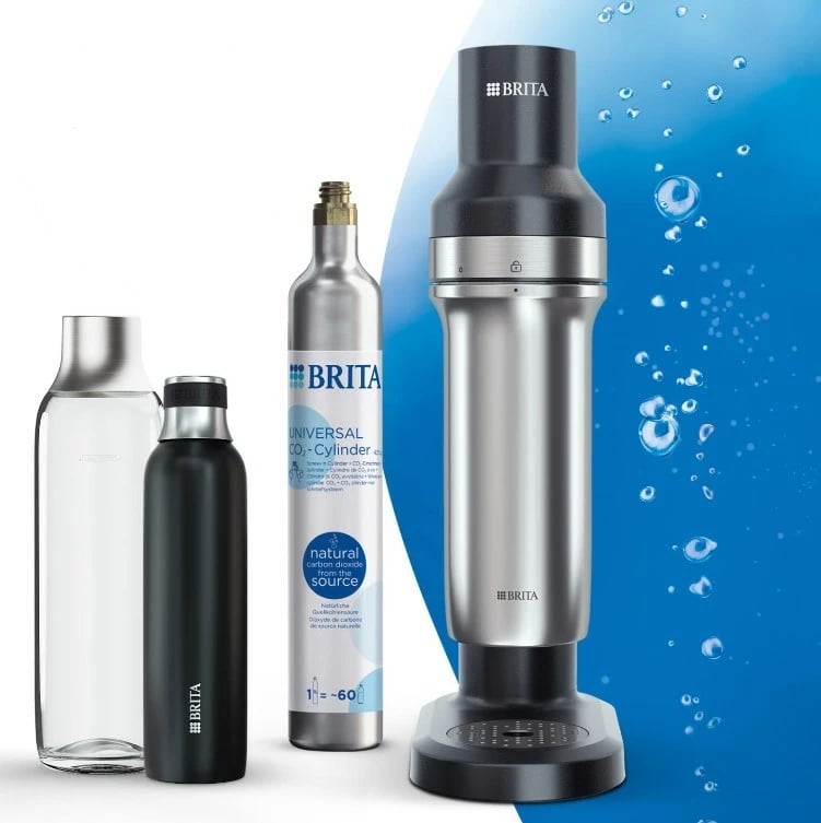 Saturator uji Brita sodaTRIO, me cilindër CO2, shishe qelqi dhe çelik, e zezë