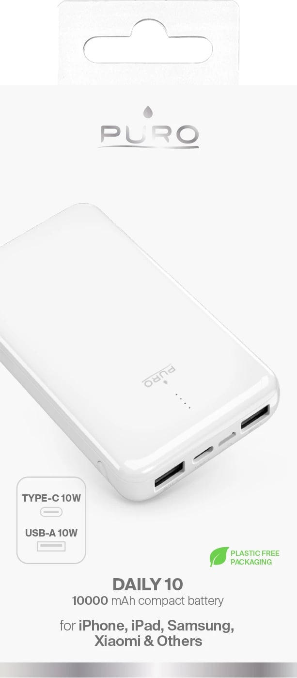 Powerbank Puro White 10000mAh, 12W, 2xUSB-A + USB-C, Bardhë