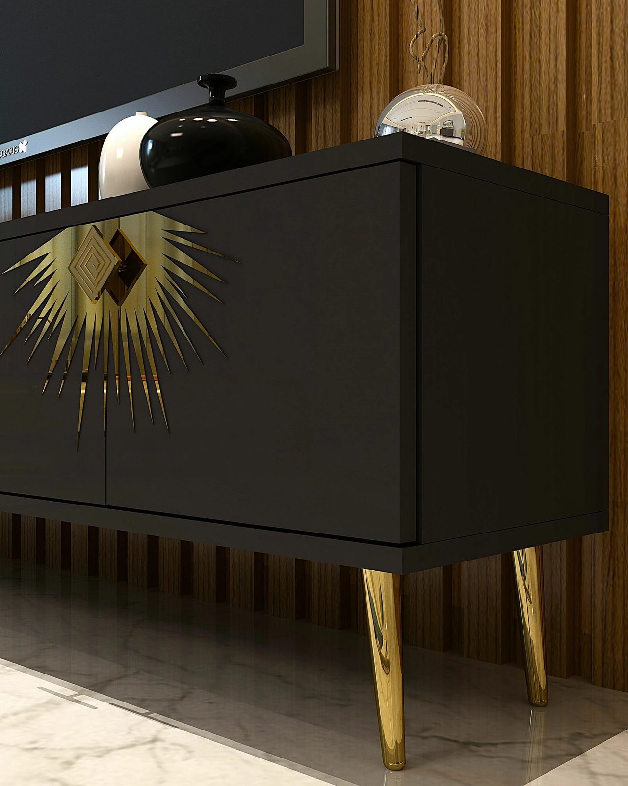 Komodë TV Skye Decor, ngjyrë antracit, detaje ari