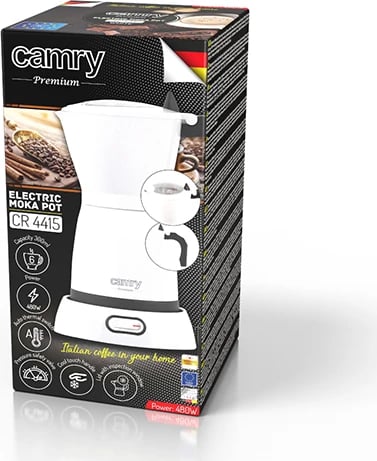 Mokapot elektrik, Camry, CR 4415W, 300 ml 6 filxhanë, 480W, bazë rrotulluese 360°, alumini, e bardhë