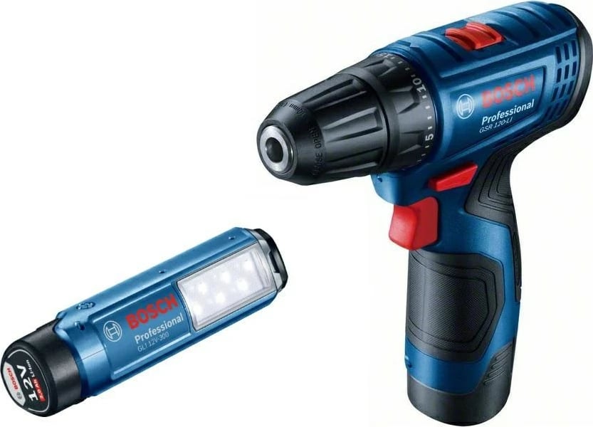 Kaçavidë me bateri BOSCH GSR 120-LI me 2x2.0Ah, llambë GLI 12V-300, set me kuti