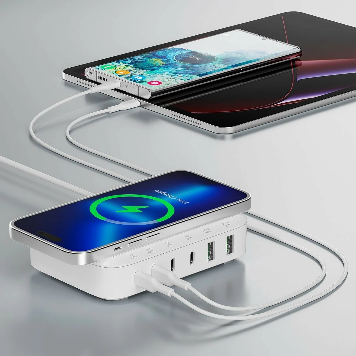 Stacion karikimi 4smarts 540570, 100W, 6 porta USB, wireless, i bardhë