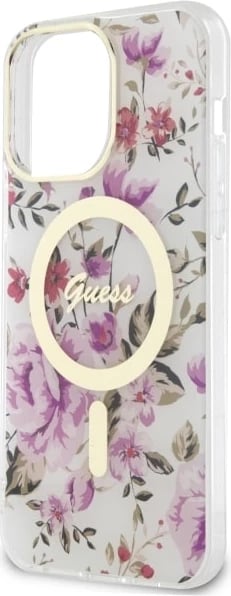 Mbështjellës Guess GUHMP14LHCFWST për iPhone 14 Pro 6.1", transparent, Flower MagSafe