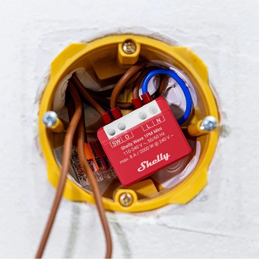 Relé inteligjente Shelly Wave 1PM Mini LR, wireless, 110-240V AC, e kuqe