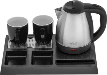 Set mirëseardhje me çajnik elektrik Adler AD 1354 1.2 L 1500 W inoks zi/çelik, set me tabaka dhe 2 filxhanë